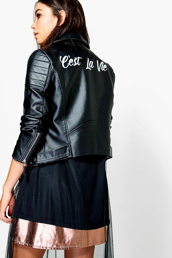 Phoebe Slogan Back PU Biker Jacket